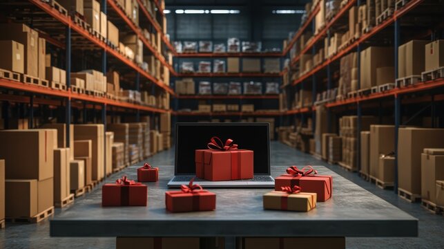 Table with laptop and gift boxes with sale tags on table in warehouse. Online ecommerce retail business black friday discounts deals, free shipping. Best buy holiday offers concept storage background