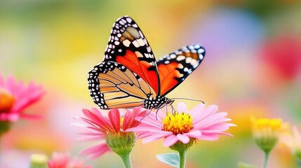 Fototapeta premium Captivating Monarch Butterfly Perched Gracefully on Vibrant Pink Flower Amidst a Colorful Floral Background in Nature's Beautiful Display
