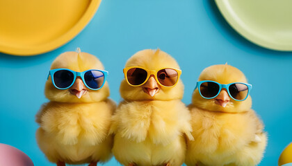 "Trio of Adorable Yellow Chicks Rocking Sunglasses, Posing with Style Against Colorful Backdrops, Including a Bright Blue Studio – Capturing the Spirit of Playful Easter Fun and Whimsy"