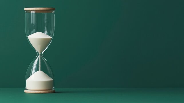 Minimalist Glass Hourglass with Flowing Sand Against a Green Background