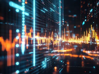 3D DNA projections interacting with stock screens, biotechnology  economics, blending data visualization and genetic breakthroughs