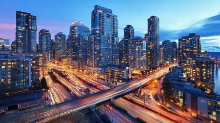 Fototapeta premium vancouver cityscape night lights highway traffic