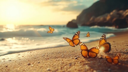 Obraz premium Beautiful Monarch Butterflies Flitting Near a Serene Beach at Sunset, Capturing Nature's Graceful Dance Amidst the Ocean Waves and Golden Sand