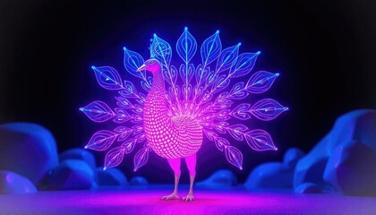 Obraz premium 4K HD Wallpapers Stylized Glowing Peacock With Holographic Feathers, Spreading Its Tail In A Surreal Environment. Desktop Wallpaper HD. HD Backgrounds