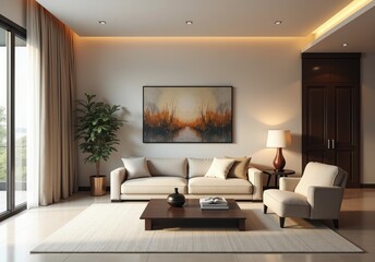 Minimalist, japandi style interior design of modern living room. Room with contemporary beige boucle sofa, armchair, and abstract painting 