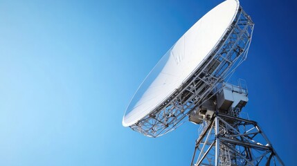 Large Satellite Dish Against Clear Blue Sky, Representing Advanced Communication Technology and Global Connectivity in Modern Society