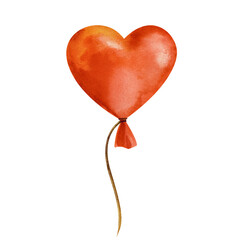 A red heart-shaped balloon on a white background. A hand-drawn watercolor illustration. A beautiful element for greeting cards or invitations.