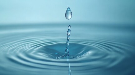 Single water drop falling and creating ripples on calm water surface.