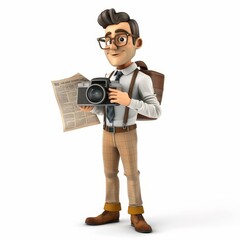 A cartoon man with a camera and a newspaper, dressed in a vintage style, stands against a white background.