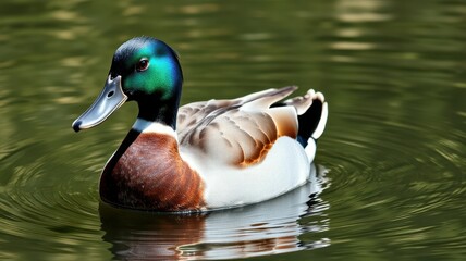 Fototapeta premium Colorful male duck swimming peacefully in a serene pond surrounded by nature