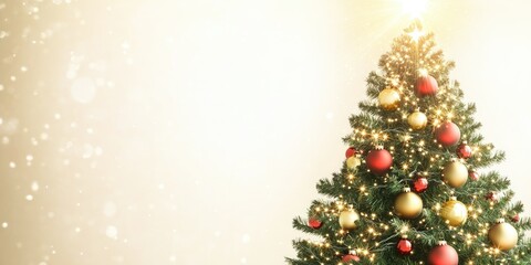 A beautifully decorated Christmas tree with ornaments and lights against a soft background.