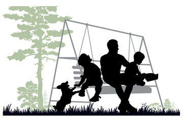 Family silhouettes. Father with children on a swing bench. Vector illustration.	
