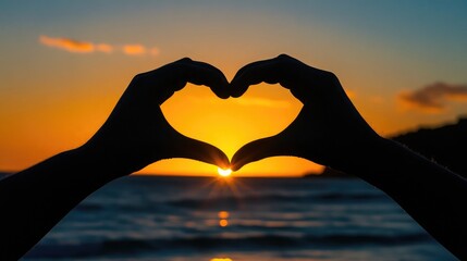 Sunset Love: Silhouette of Hands Forming Heart Shape Against Vibrant Sunset Over Ocean Waters, Evoking Feelings of Romance and Connection