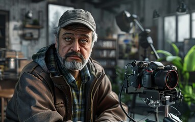 A serious-looking older man with a gray beard, wearing a brown jacket and a cap, sits in front of a camera in a home studio.