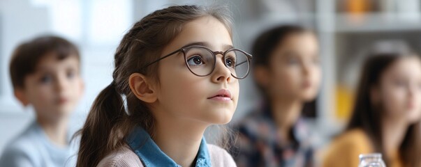 Curious elementary school girl listening attentively during class lesson