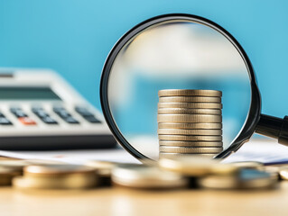 Coins stacked under magnifying glass with calculator and documents in the background at an office setting