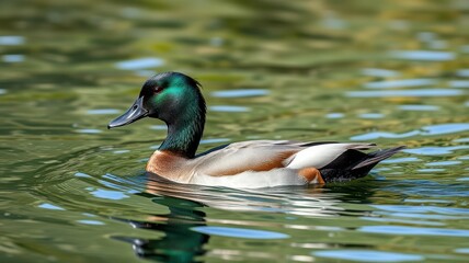Obraz premium Swimming duck gliding through shimmering water in a tranquil setting during sunny daylight