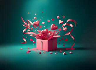 Pink gift box exploding with pink hearts and ribbons against a teal background.  A magical, romantic surprise.