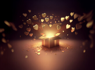 A golden gift box radiates a warm light, releasing a flurry of golden hearts.  Magical, romantic, and full of love.