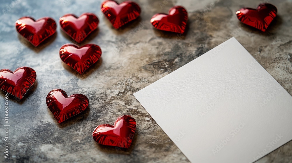 Poster bright red heart-shaped chocolates are scattered around a blank note on a gray stone surface. this s