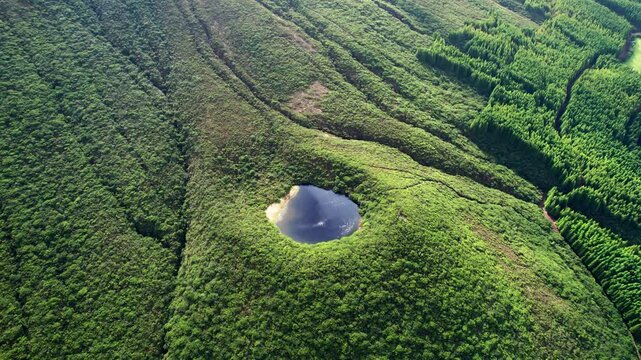 Lagoinha lake on Terceira island surrounded by lush green forest, Seretta. Drone