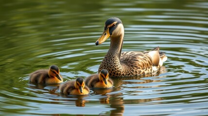 Obraz premium Mother duck swims with her ducklings in a serene pond during a warm, sunny day