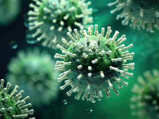 green virus particle with spike proteins floating in a scientific, microscopic environment, symbolizing microbiology, virology, and infectious disease research