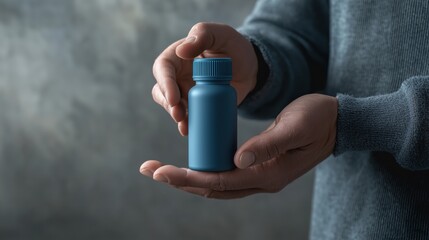 A Person Gently Holding a Small Blue Pill Bottle Against a Gray Background A Close Up Shot Emphasizing the Product