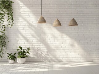 Minimalist white brick wall interior with hanging lights and potted plants.