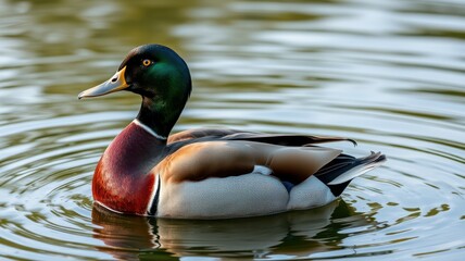 Fototapeta premium Colorful duck swimming in a serene pond surrounded by lush greenery during the afternoon sunlight