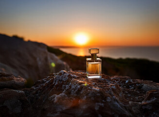A perfume bottle sits atop a rock overlooking a breathtaking sunset over the ocean. The golden hour light illuminates the scene, creating a serene and luxurious atmosphere.