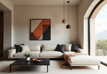 Minimalist, japandi style home geometric interior design of modern living room. Sofa and black coffee table near arched window against stucco wall