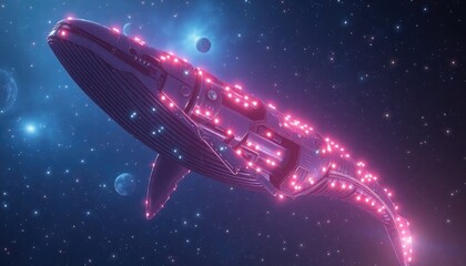 Obraz premium 4K HD Wallpapers Gigantic Mechanical Whale Swimming Through A Glowing, Cosmic Ocean Of Stars. Desktop Wallpaper HD. HD Backgrounds