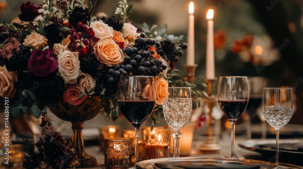 Poster a beautifully arranged dinner table showcases an assortment of wine glasses and sparkling candles. l
