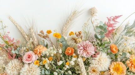 Delicate pastel floral arrangement with wheat accents