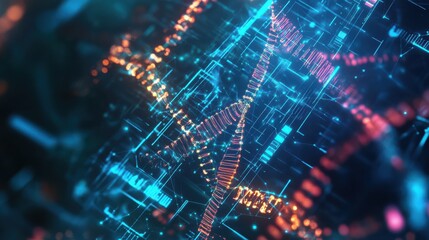 Fototapeta premium Abstract glowing circuit AI hologram with dna on blurry background. AI and science concept. Double exposure