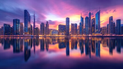 Obraz premium Vibrant city skyline at sunset, reflecting on water, showcasing urban architecture and beauty.
