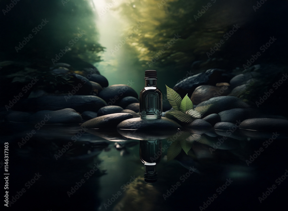 Poster A mystical glass bottle rests on smooth river rocks, nestled in a dark, lush forest.  Sunlight filters through the trees, illuminating the scene.  Its reflection shimmers in the still water.