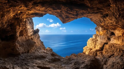 Serene Coastal View from Cave Opening Revealing Expansive Sky and Tranquil Ocean, Perfect for Scenic Nature Photography and Relaxation Themes