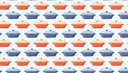 Seamless pattern with multi-colored casserole dish pots on a blue background