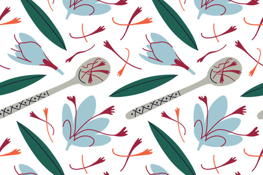 Seamless pattern with saffron spice, vibrant saffron flowers, green leaves, and elegant spoon with saffron strands. Flat, decorative style, perfect for culinary and botanical themes