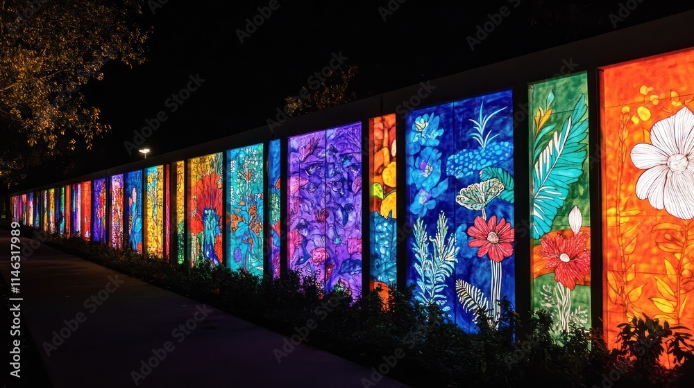 Poster vibrant illuminated floral panels display colorful botanical art in a nighttime setting.