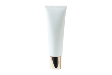 Cream tube plastic luxurious white portable isolated on cut out PNG or transparent background. Collapsible squeeze tube cosmetic containers with flip lid gold. Modern bottle packaging products.