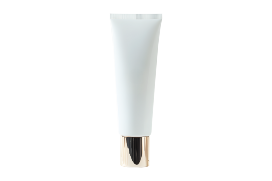 Cream tube plastic luxurious white portable isolated on cut out PNG or transparent background. Collapsible squeeze tube cosmetic containers with flip lid gold. Modern bottle packaging products.