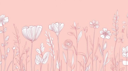 Delicate pink floral border with line art wildflowers on a pale pink background.