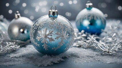 Beautiful blue and silver Christmas ornaments with snowflake patterns on a snowy background, festive decor