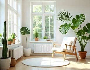Naklejka premium A bright and airy living room with large windows, a white cushioned chair, and various potted plants including a cactus and palm leaves