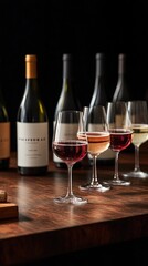 Red, white, and rose wine bottles stand elegantly with filled glasses, creating a sophisticated arrangement against a dark backdrop