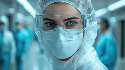 Healthcare workers in full protective gear demonstrate intensity and commitment in a sterile hospital environment