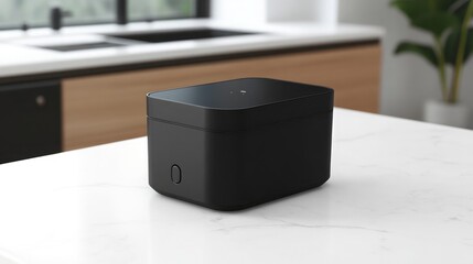 Sleek Modern Kitchen Design Featuring a Black Box on a White Marble Surface, Showcasing Contemporary Home Technology and Minimalistic Aesthetics in a Bright Environment